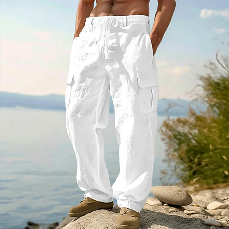 Summer Men'S Cotton And Linen Pants Multiple Pockets Breathable Loose Drawstring Straight Leg Pants Sports And Casual Pants