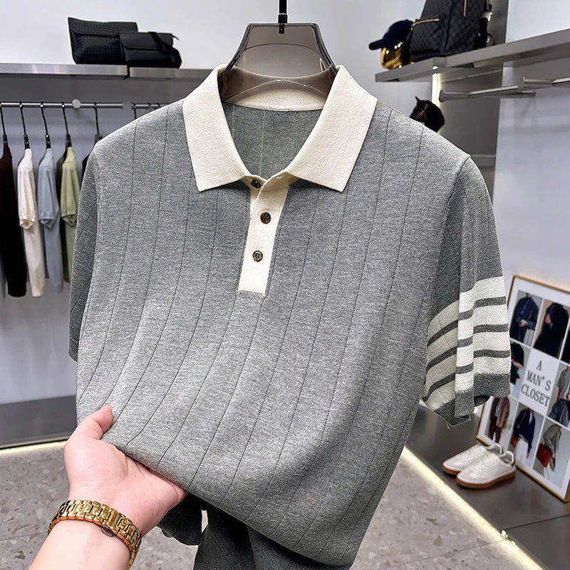 High Quality Man Summer Short-Sleeved Polo Shirt Lapel Button Stripe Color Blocking Old Money Style Snug Ventilate Men'sClothing