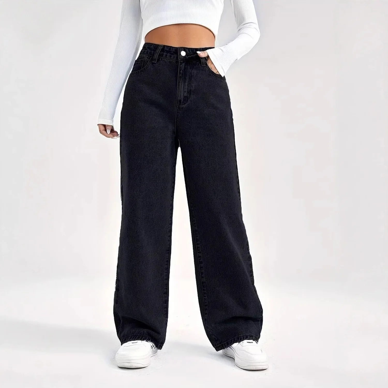 Fashion retro blue jeans women y2k High street baggy straight pants High waisted all-in-one slim pants