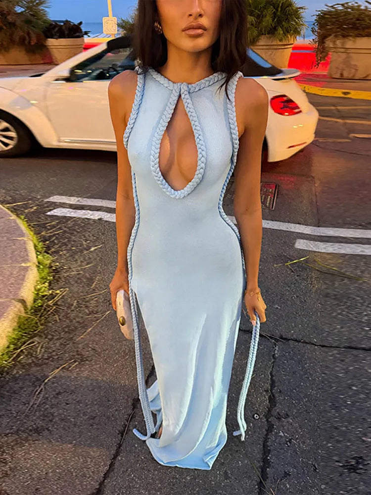 Women Elegant Maxi Dress Keyhole Neckline Braided Trim Sleeveless Backless High Slit Hem Solid Dresses 2026 Summer Fashion Gown