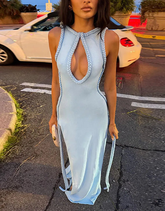 Women Elegant Maxi Dress Keyhole Neckline Braided Trim Sleeveless Backless High Slit Hem Solid Dresses 2026 Summer Fashion Gown