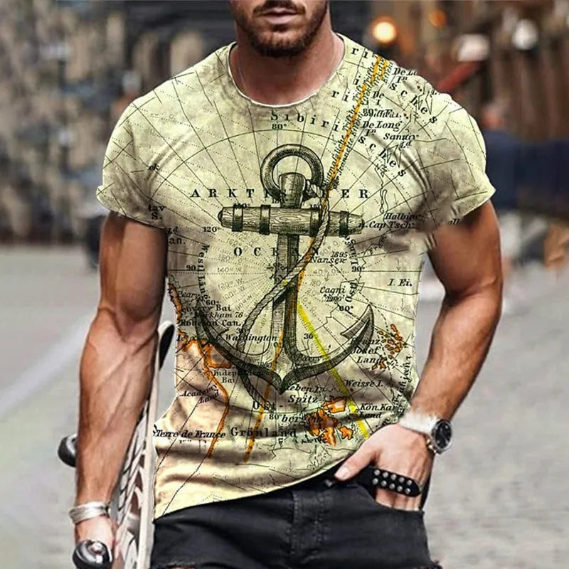 Vintage Men's T-shirt Summer Short Sleeve O-neck 3D Anchors Print Top Tee Shirt Oversized Men's Clothing Casual Streetwear
