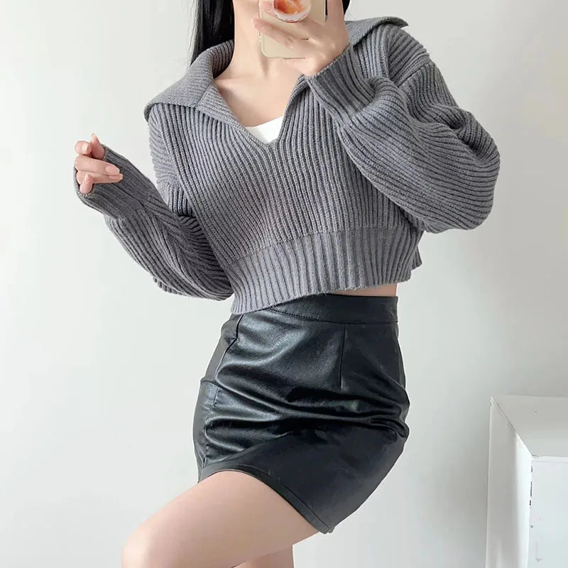 New V Big Lapel Knitted Sweater Women Fashion Loose Cropped Knit Jumper for Woman Korean All-Match Casual Pullover Knitwear