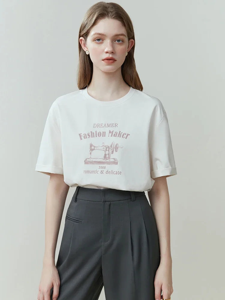 FSLE Women Cotton T-shirt Simple Print Design Dropped Shoulder Round Neck Women Solid Tees 2023 Spring Commuter Casual Tops