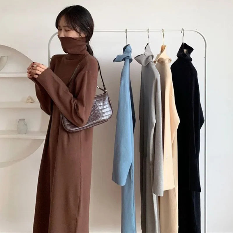 Smvp Fall Winter Turtleneck Long Dress Women Basic Solid Casual Loose Long Sleeve Dresses Female Streetwear Side Split Dress