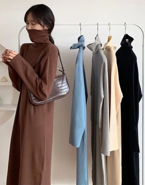Smvp Fall Winter Turtleneck Long Dress Women Basic Solid Casual Loose Long Sleeve Dresses Female Streetwear Side Split Dress