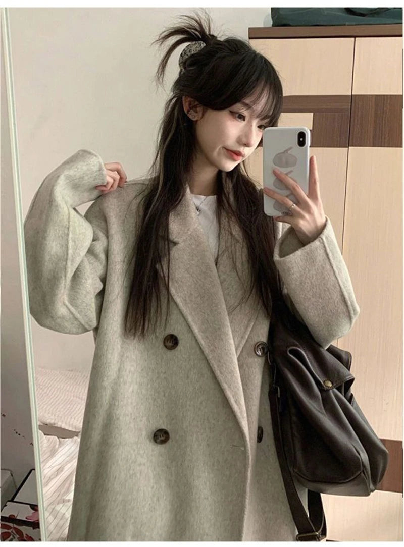 100% Wool Coat Lapel Overcoat Women Wool Blend Double Breasted Long Sleeve Shoulder Pad Coat 2024 Autumn Female Outwear