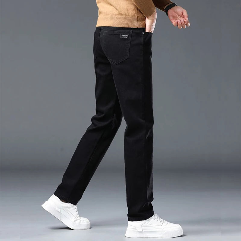 Spring New Men's Slim Fit Elastic Jeans Fashion Gray Comfortable Casual Denim Pants Korean Business Work Straight Black Trousers