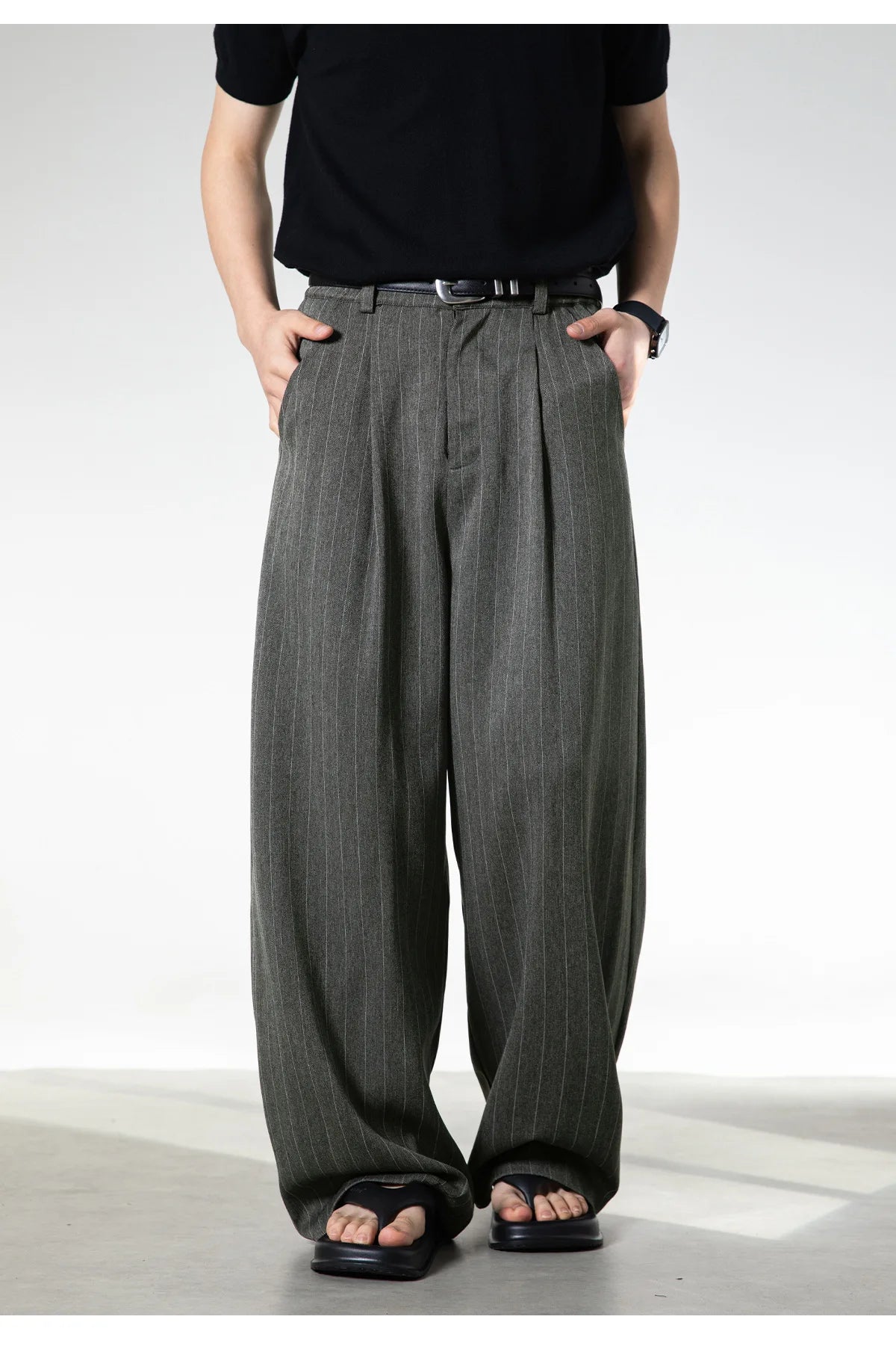Retro Striped Drape Trousers for Men Loose-Fit Old Money Style Casual Trousers Straight-Leg Long Trousers