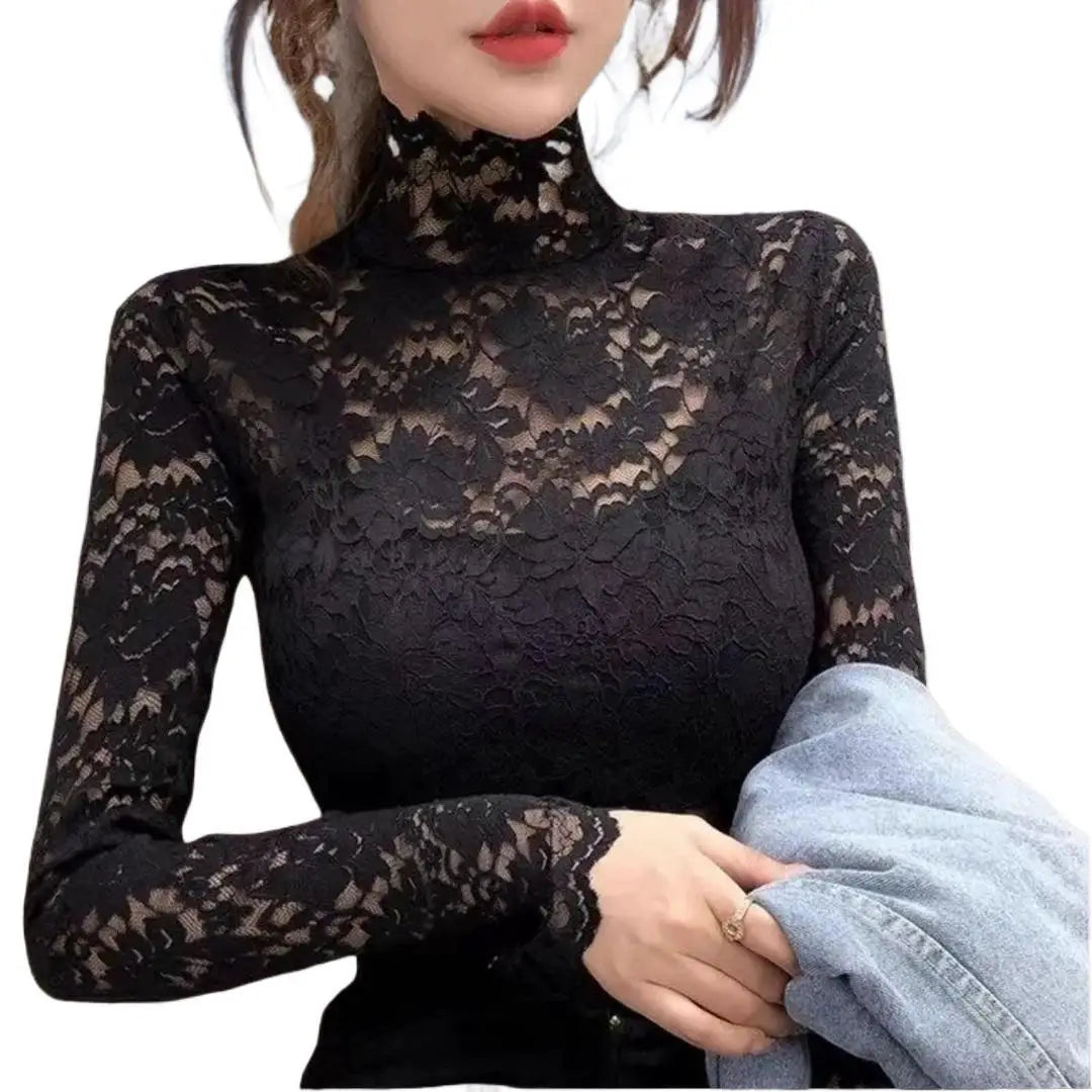 Lace Base Layer Shirt Women's Spring Autumn Winter Fashionable Inner Wear Half High Collar Elastic Top Hollow out Nylon Small...