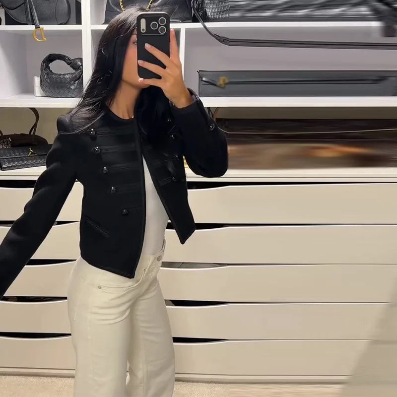 Casual Solid Women's Jacket O-Neck Full Sleeve Button Black Lady Cropped Jackets 2026 Spring Chic Female Street Outerwear