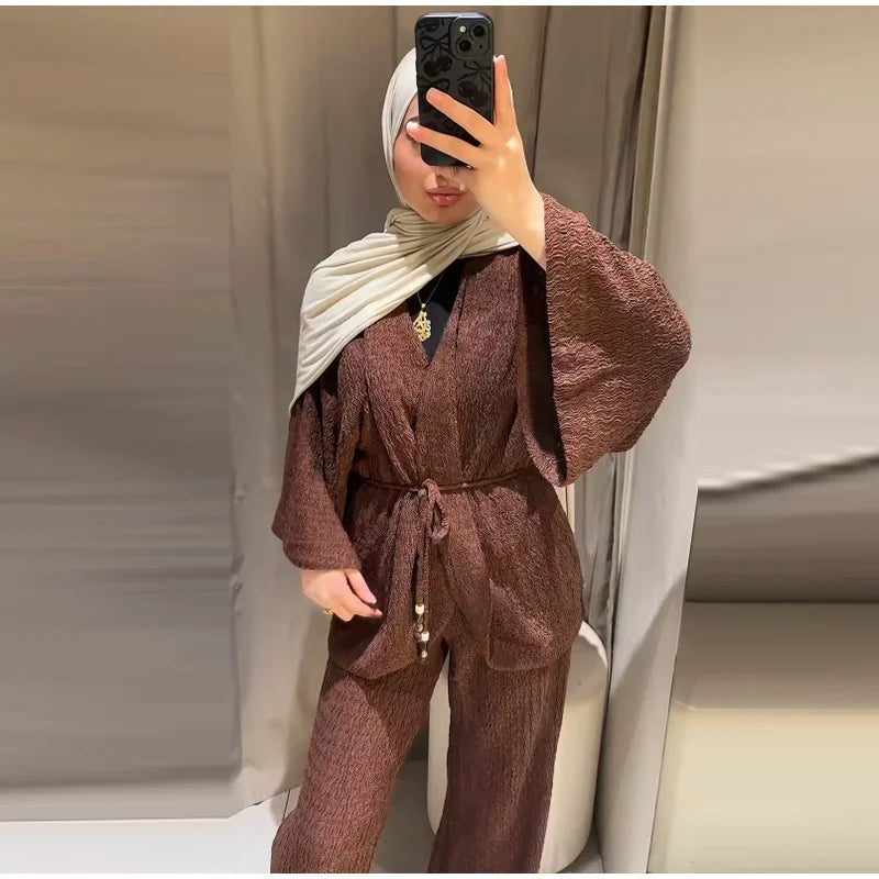 Tie Front Textured Women Set V-Neck Loose Set Wide Sleeve Drawstring Pants Casual Lounge Solid Color 2 Piece Outfits For Daily
