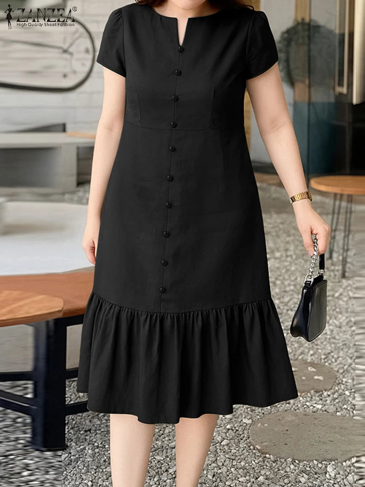 Stylish Summer Dress 2025 ZANZEA Women Elegant V-Neck Midi Dresses Office Work Sundress Short Sleeve Solid Buttons Vestidos Robe