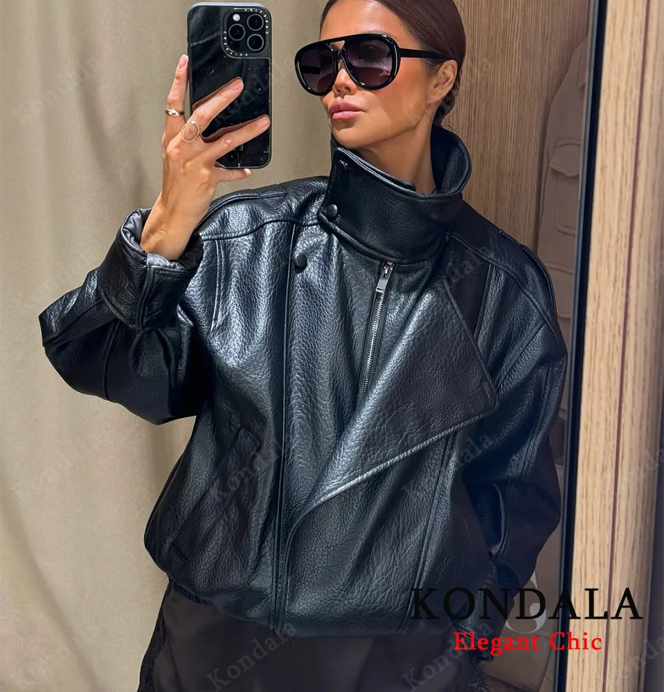 Women 2025 Fall Winter Leather Standing Collar Jacket Faux PU Zipper Pilot Jacket Coat Casual Fashion Outwear Ladies Jacket