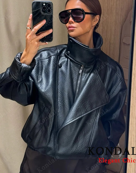 Women 2025 Fall Winter Leather Standing Collar Jacket Faux PU Zipper Pilot Jacket Coat Casual Fashion Outwear Ladies Jacket