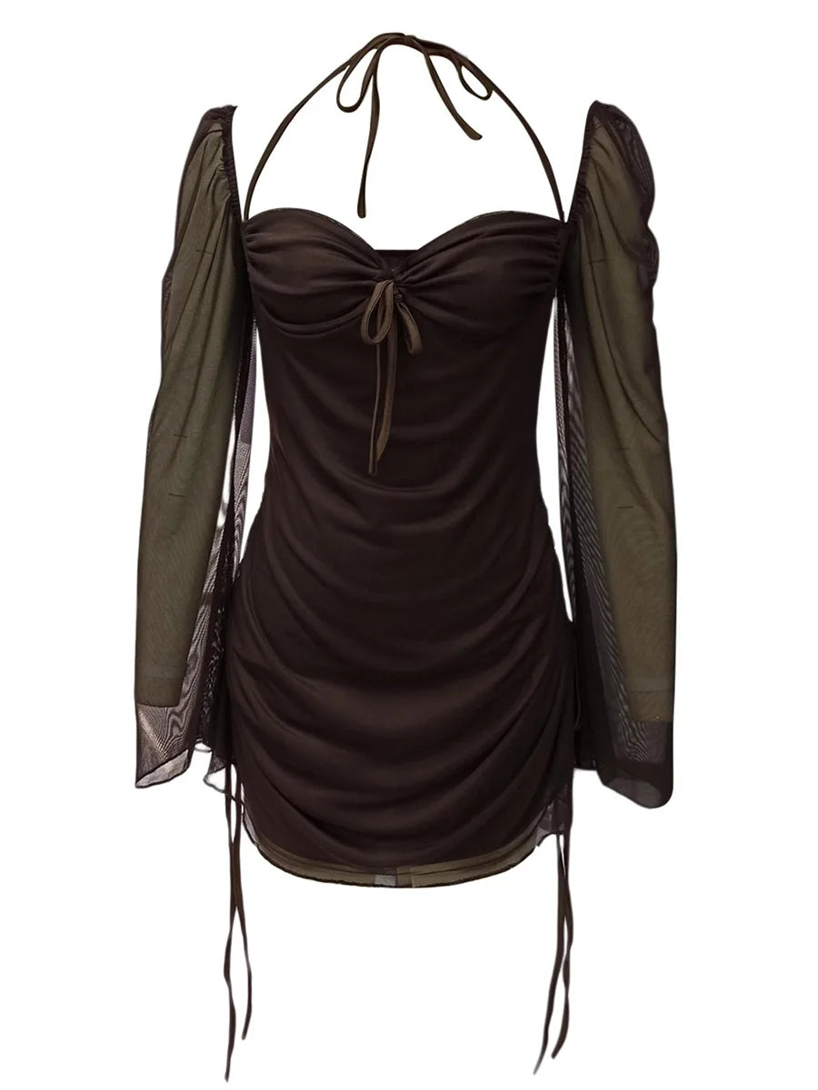 Long Sleeve Drawstring Pleated Halter Neck Mini Dress For Women Elegent Solid Pink Brown Short Dress Women