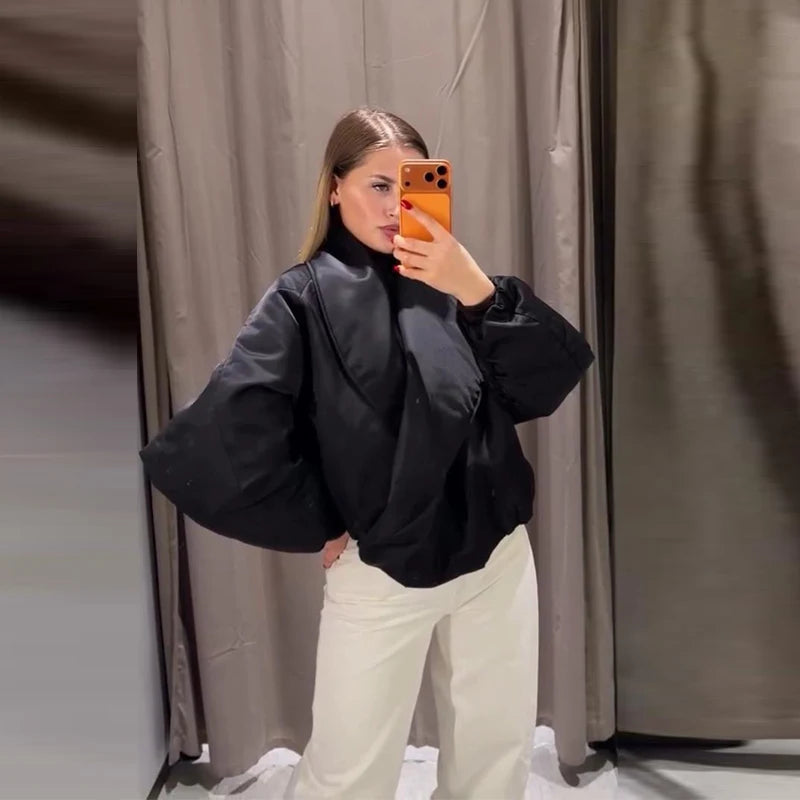 Vintage Women's Padded Bomber Jacket Loose Hidden Buckle Pockets Full Sleeve Stand Collar Black Coats 2026 Spring Autumn Outwear