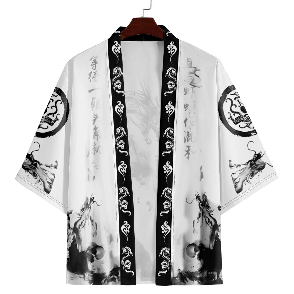 2025 Summer Samurai Dragon Print Men's White Japanese Haori Kimono Oversized Cardigan Robe for Cosplay Streetwear Tops