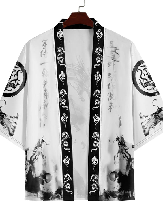 2025 Summer Samurai Dragon Print Men's White Japanese Haori Kimono Oversized Cardigan Robe for Cosplay Streetwear Tops