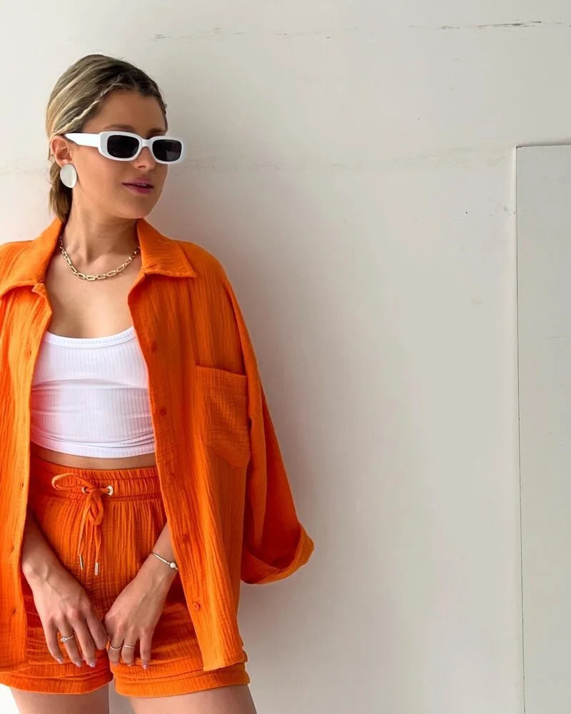 Women's Summer Shorts Set White Long Shirt High Waisted Pants Sets Casual Outfit Streetwear Suits For Women Female Clothing 2025