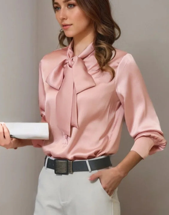 Autumn Loose Tops Womens Casual Chiffon Blouse V-Neck Solid Shirt Bow Lantern Sleeve Fashion Blouses Clothes Blusas Mujer 2198