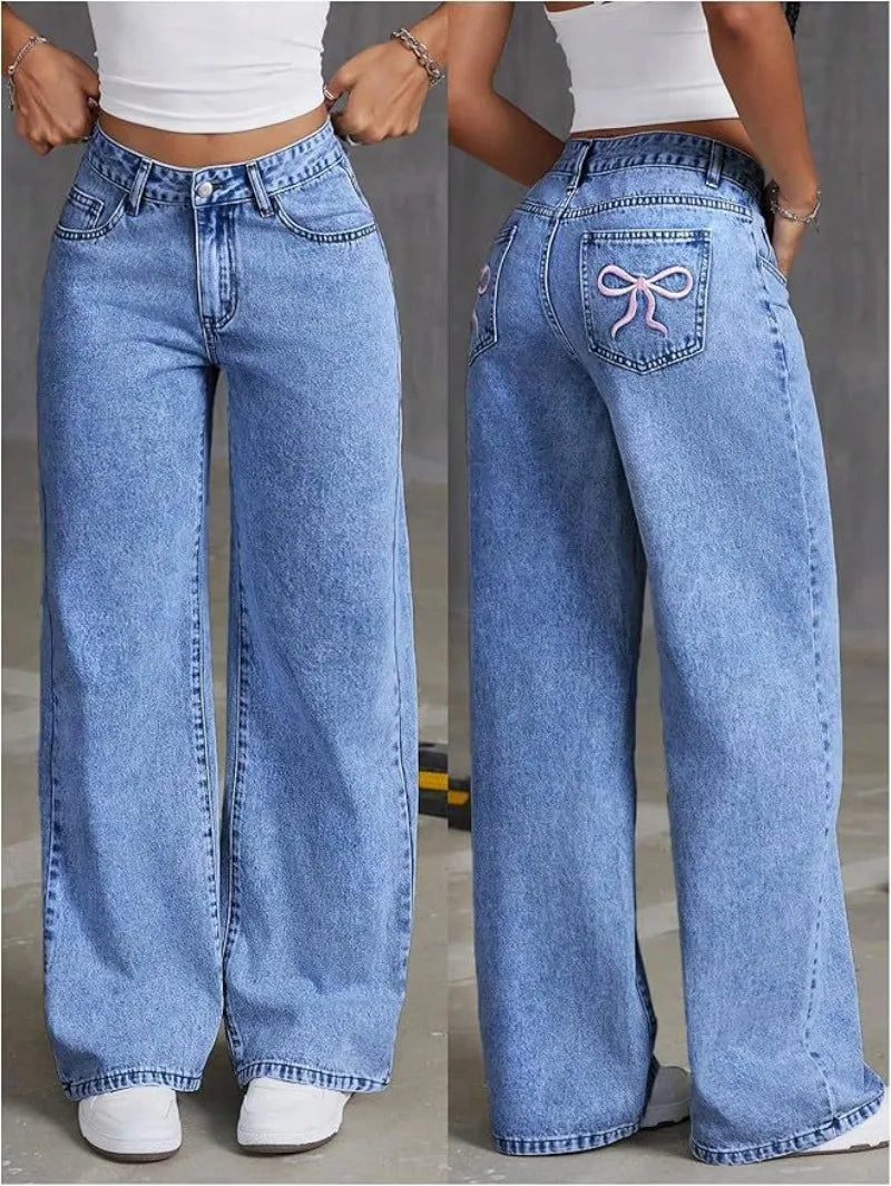 UNITIM Lady Versatile Washed Denim Trousers Women Straight Leg Slim Fit Jeans Pants Women Pockets Vintage Floor Length Trousers