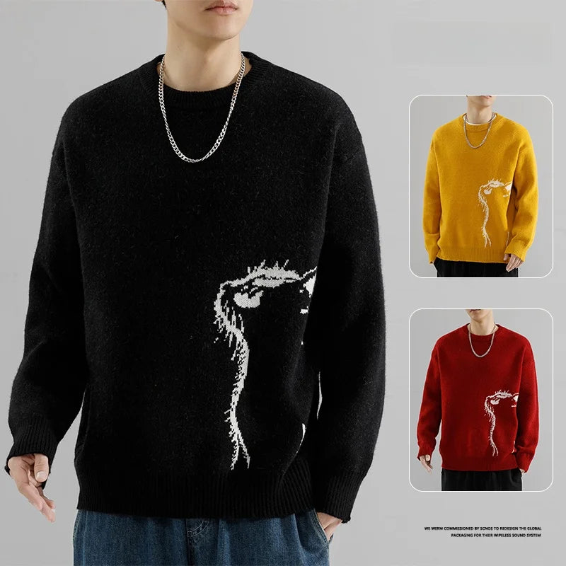 Trendy  Logo round Neck Knit Sweater Loose Fit Casual Base Layer Shirt for Men Autumn Winter New Arrival Fashion Urban Style