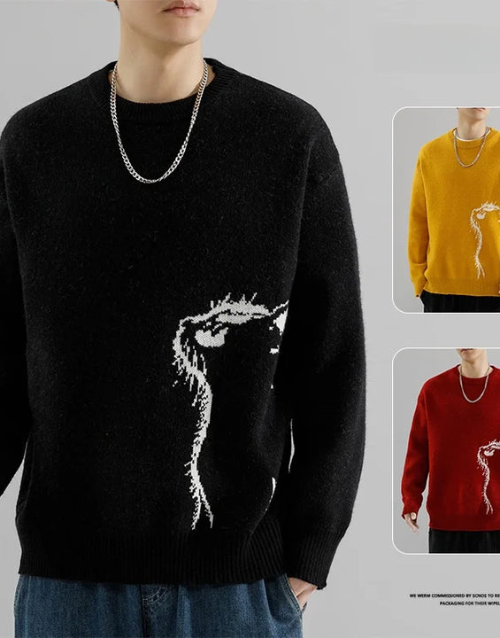 Trendy  Logo round Neck Knit Sweater Loose Fit Casual Base Layer Shirt for Men Autumn Winter New Arrival Fashion Urban Style