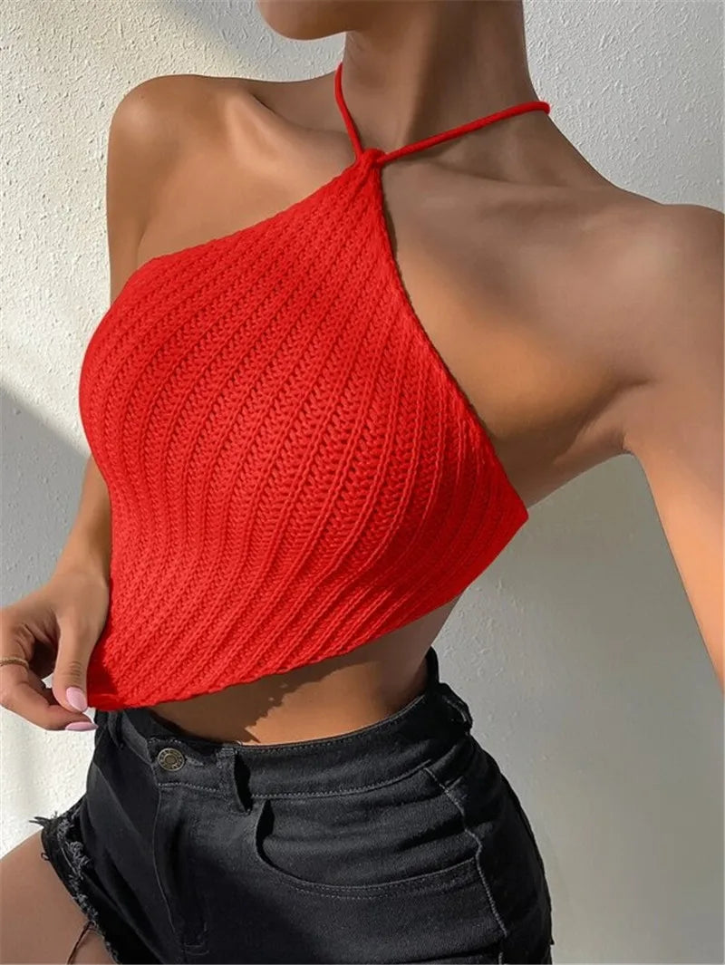 Tie-up neck knitted vest design sweater chest wrap top