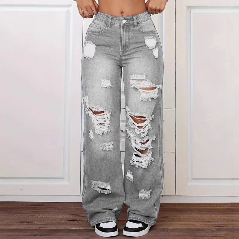 ANJY Spring Autumn New Women Washed Vintage Ripped Design High Street Jeans Trendy Fashion Straight Versatile Denim Pants A23084