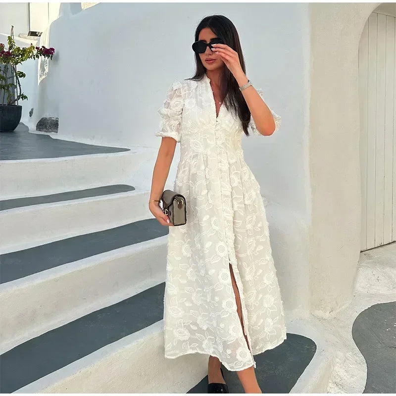 Elegant White Party Long Dress Women's Luxury V-neck Printed Single Breasted Split Evening Robe 2024 New Chic Street Dresses