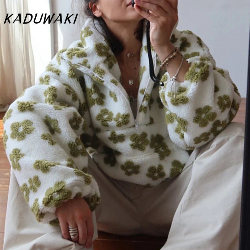 KADUWAKI Retro Christmas Women's Fashion Polar Fleece Flower Blossoms Sweaters Cotton Loose Warm Fur Stand Up Collar Zipper Tops