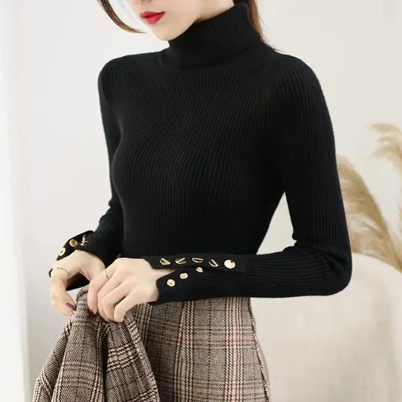 2026 Knitted Turtleneck Women Sweater Button Long Sleeve Pullovers Autumn Winter Basic Femme Sweaters Slim Solid Pull Tops
