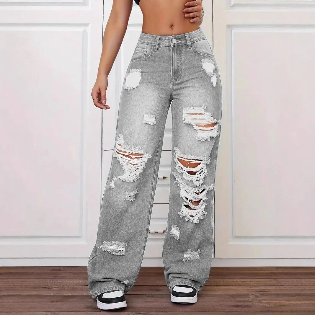 Distressed Washed High Waist Straight Leg Versatile Loose Fit Denim Pants for Women