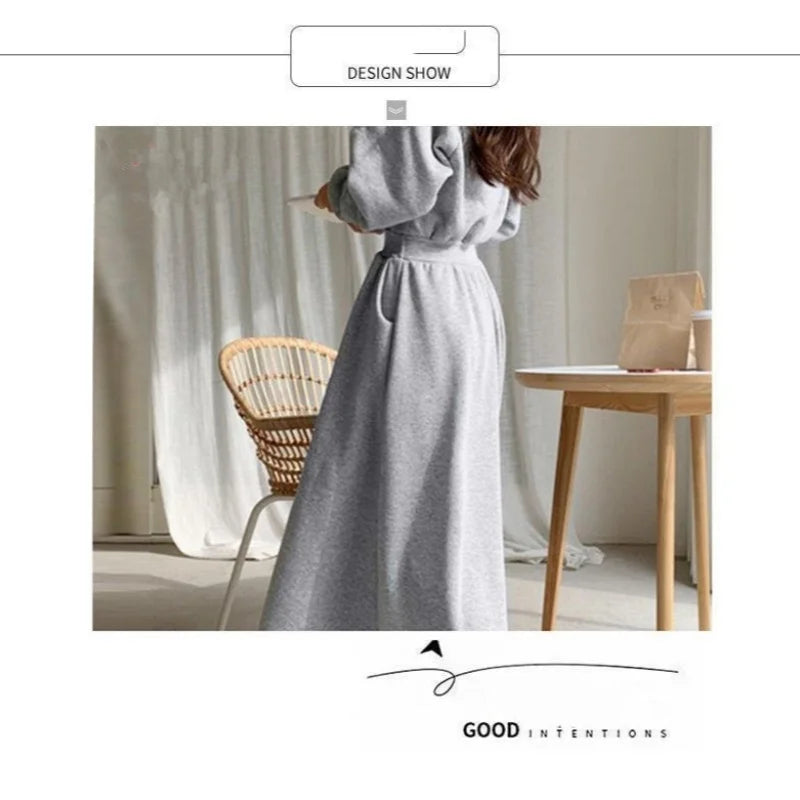 Autumn Winter Casual Women Hooded Cotton Long Dress Long Sleeved Pullover Solid Hoodie Shirring A-Line Floor-Length Rib Dresses