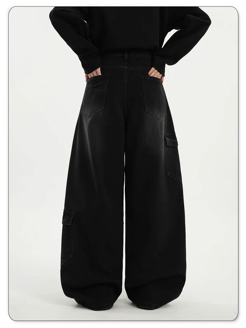 American Street Retro Bright Thread Deconstruction Loose Wide Leg Jeans Unisex  Baggy Men's Clothes Multi Pocket Workwear Jeans