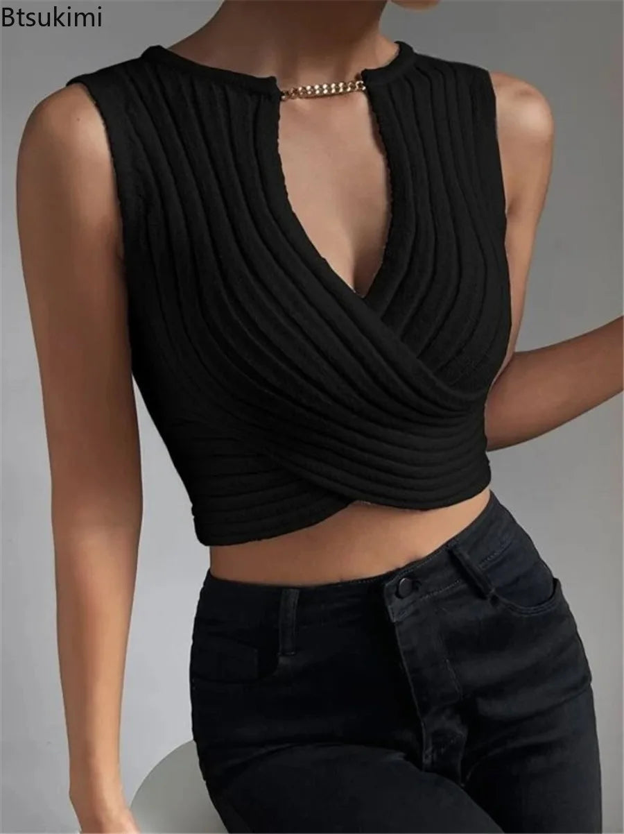 Sexy Crossed Knitted Sweater Bottoming Vest Fashion Design Slim Solid Knit V-neck Vests T-shirt Autumn Winter Cropped Tank Tops