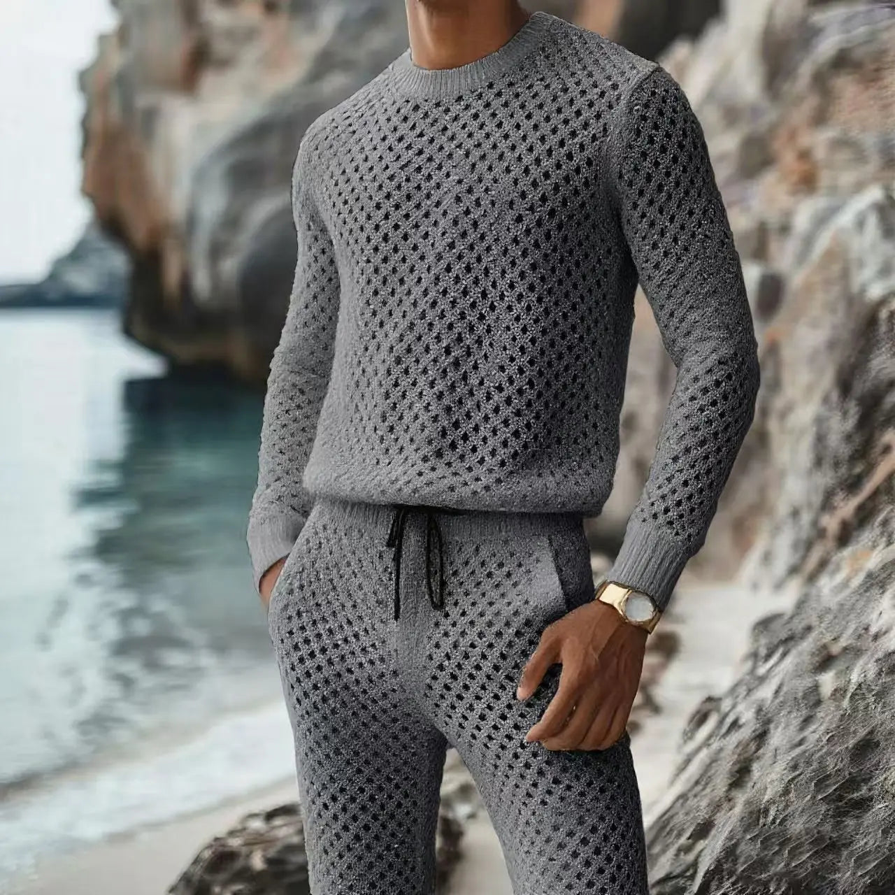Autumnr Hollow Out Knitted Two Piece Sets Men Casual Solid Color Long Sleeve Tops and Pants Suits Mens Vintage Knit Outfits