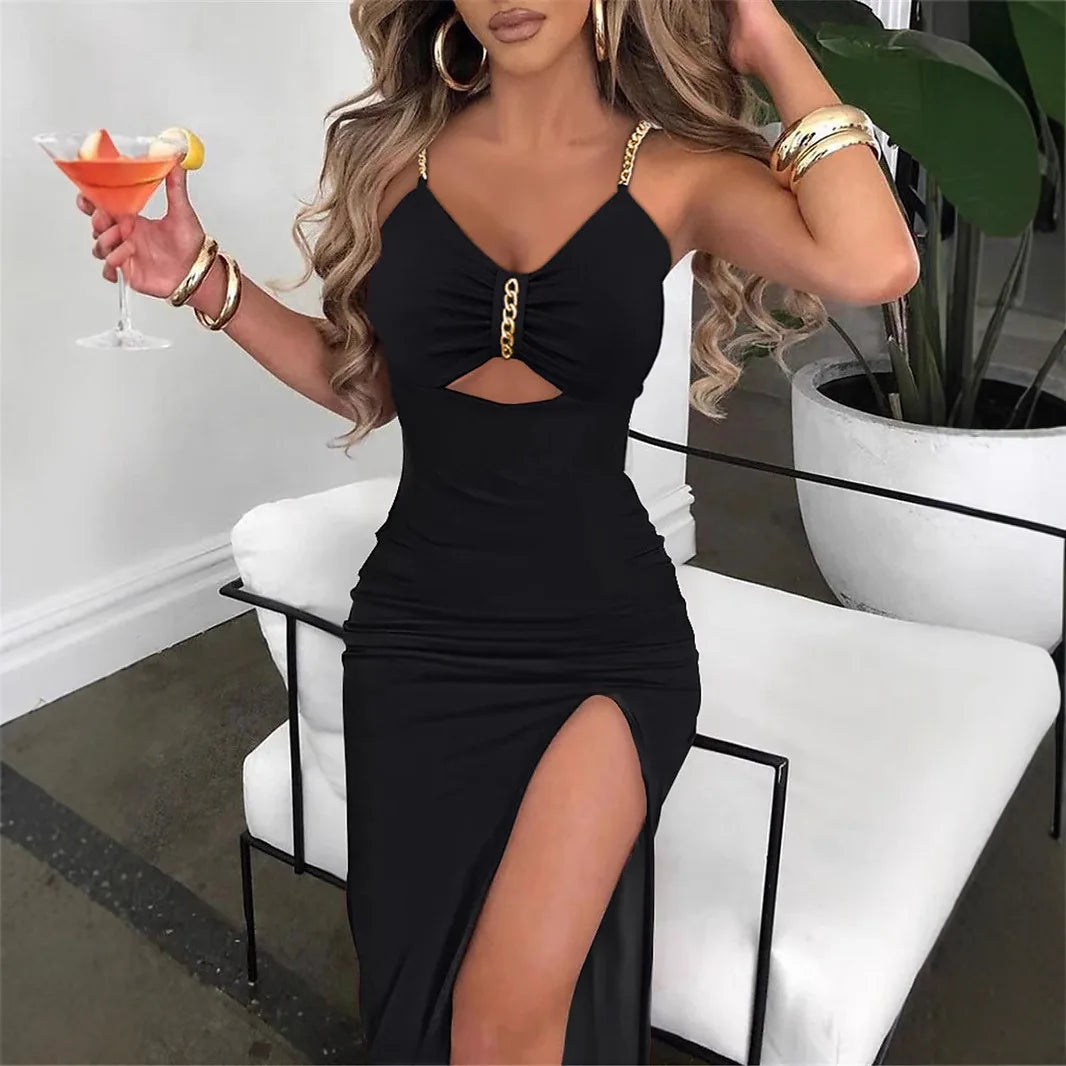 Slip Dress Women Sexy Sundress Split Chain Hollow Out V Neck Sleeveless Maxi Gown Bodycon Vestidos Party Sheath Dresses 2025