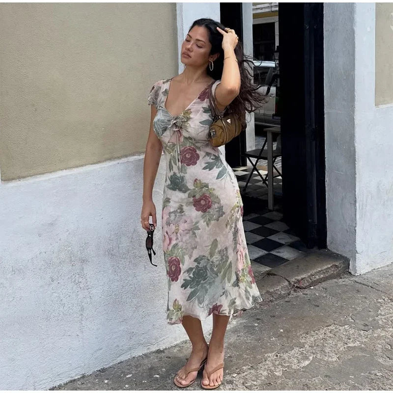 Flutter Sleeve Floral Maxi Dress
