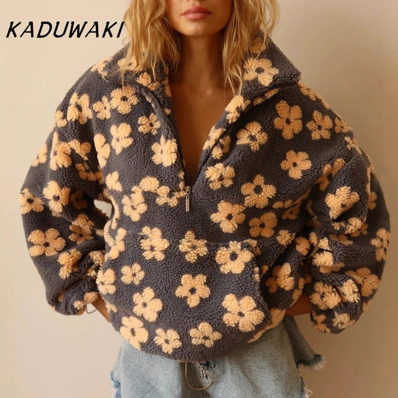 KADUWAKI Retro Christmas Women's Fashion Polar Fleece Flower Blossoms Sweaters Cotton Loose Warm Fur Stand Up Collar Zipper Tops