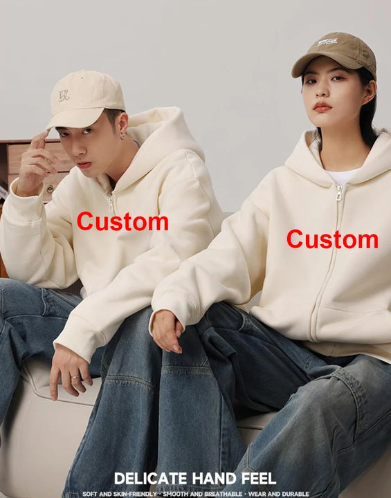 Custom LOGO Zipper 500GSM Heavy Weight Fashion Men's Hoodies Winter Casual Thick Cotton Men's Top Solid Color Hoodies Sweatshirt