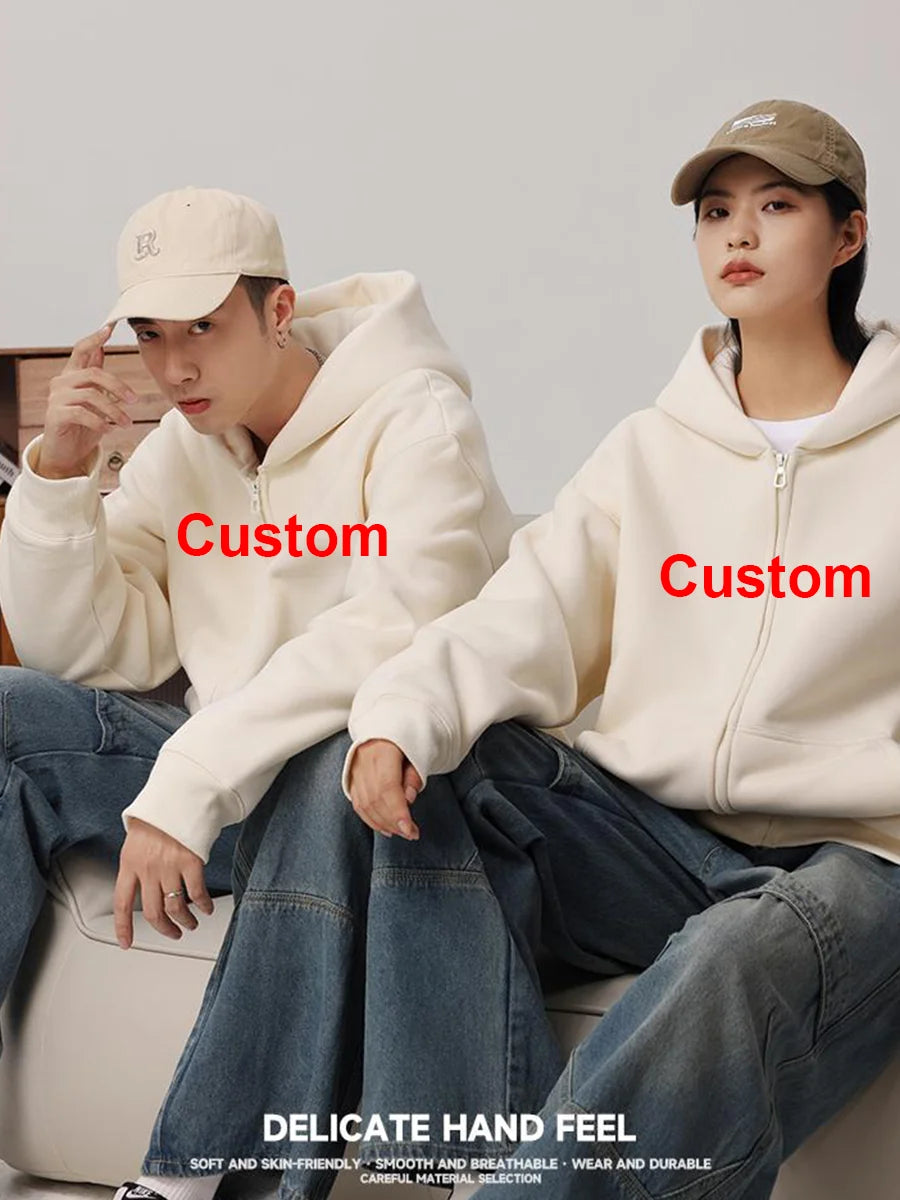 Custom LOGO Zipper 500GSM Heavy Weight Fashion Men's Hoodies Winter Casual Thick Cotton Men's Top Solid Color Hoodies Sweatshirt