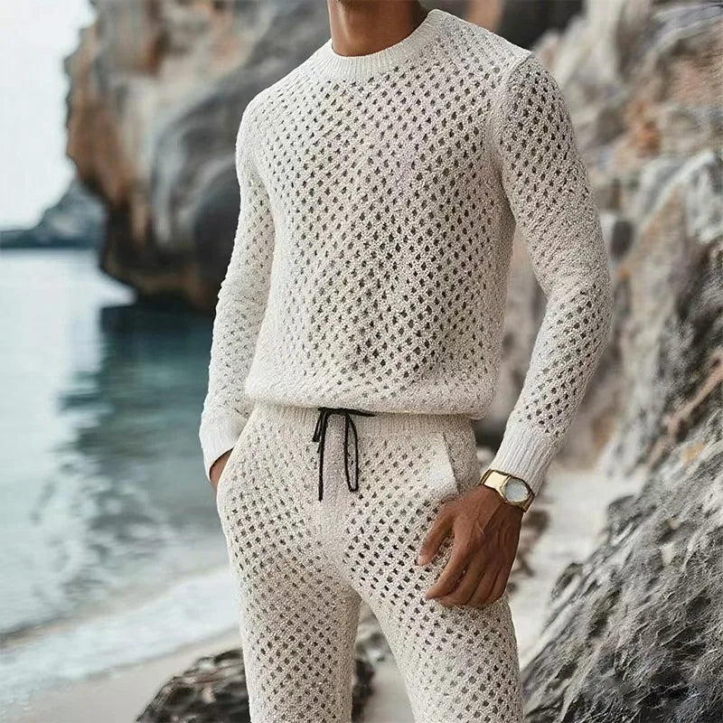 Autumnr Hollow Out Knitted Two Piece Sets Men Casual Solid Color Long Sleeve Tops and Pants Suits Mens Vintage Knit Outfits