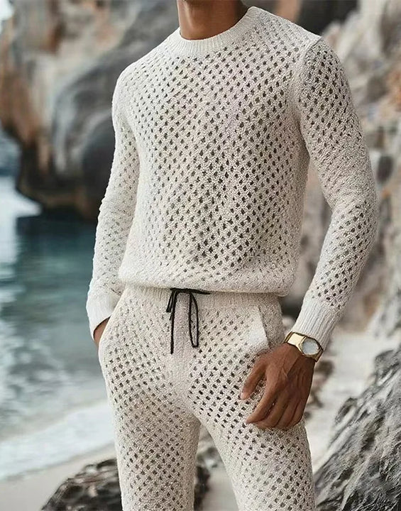 Autumnr Hollow Out Knitted Two Piece Sets Men Casual Solid Color Long Sleeve Tops and Pants Suits Mens Vintage Knit Outfits