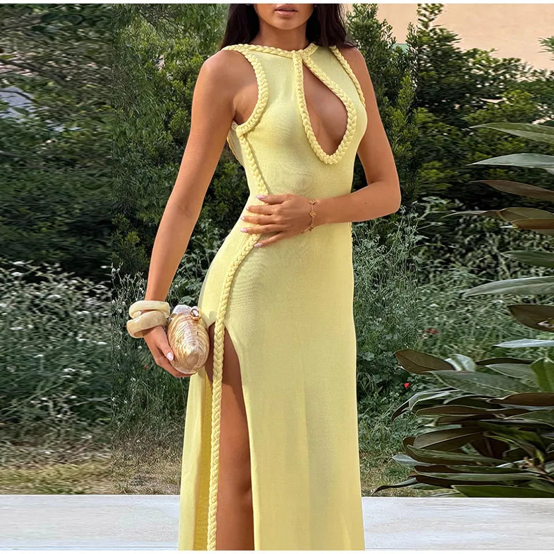 Women Elegant Maxi Dress Keyhole Neckline Braided Trim Sleeveless Backless High Slit Hem Solid Dresses 2026 Summer Fashion Gown