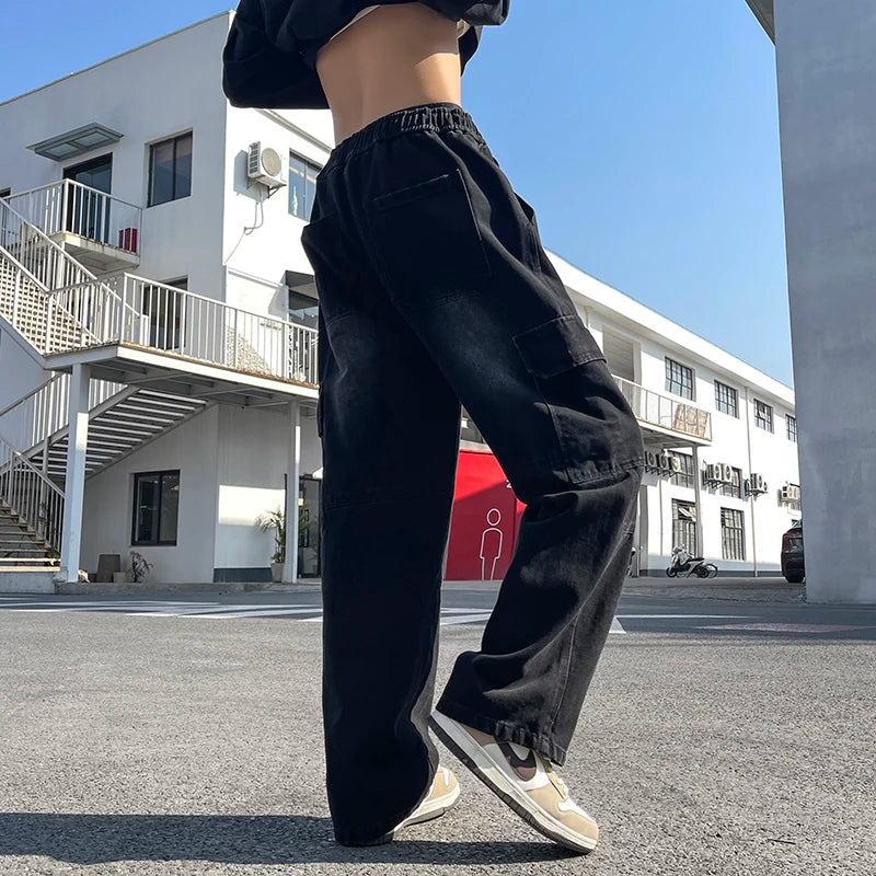 2025 new men's cement grey work jeans Y2K street hip-hop large pocket wide-leg straight jeans trousers jogging black light blue