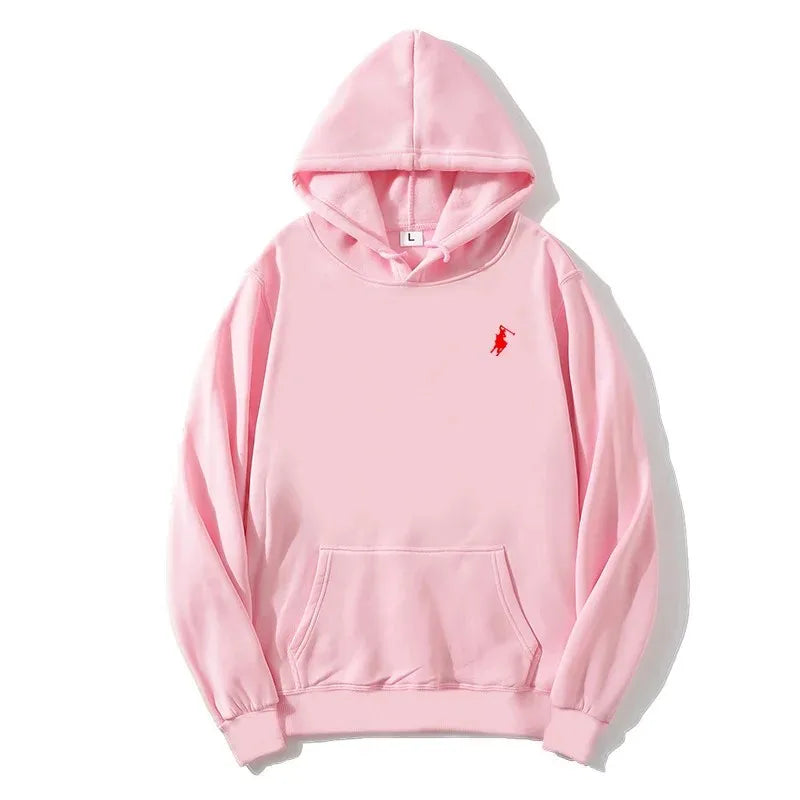 2026 polo print hooded sweatshirt for autumn and winter, suitable both men women, loose white couple's casual