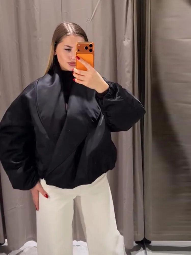 Vintage Women's Padded Bomber Jacket Loose Hidden Buckle Pockets Full Sleeve Stand Collar Black Coats 2026 Spring Autumn Outwear