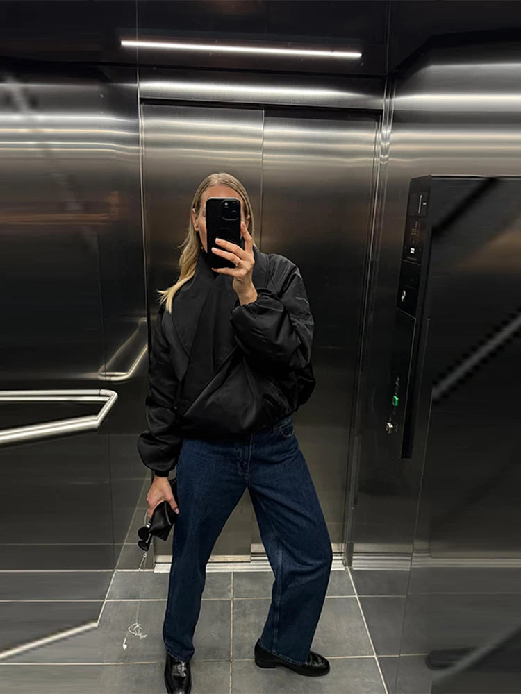 Vintage Women's Padded Bomber Jacket Loose Hidden Buckle Pockets Full Sleeve Stand Collar Black Coats 2026 Spring Autumn Outwear